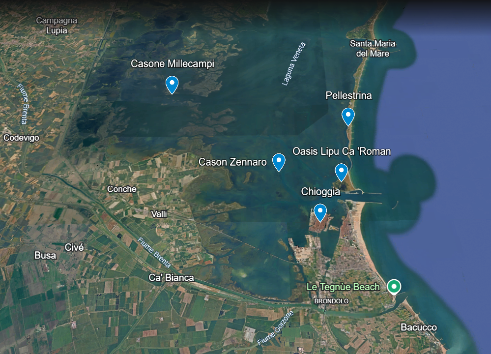 Map of the southern Venetian Lagoon — Chioggia, Casone Millecampi, Cason Zennaro, Pellestrina and Oasis Lipu Ca' Roman